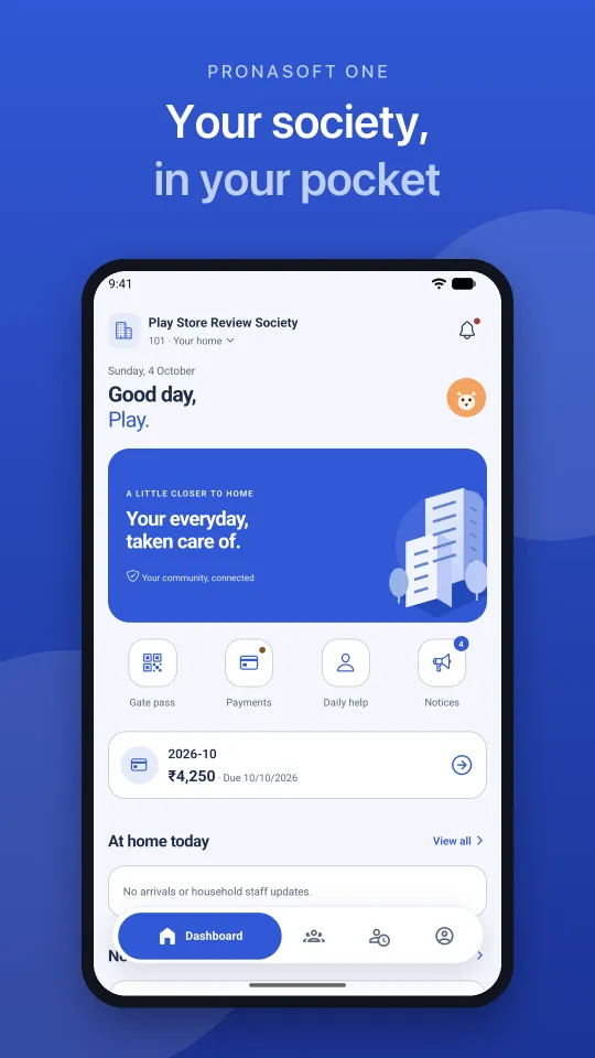 Pronasoft One society app resident home screen with gate pass, payments, daily help, and notices shortcuts