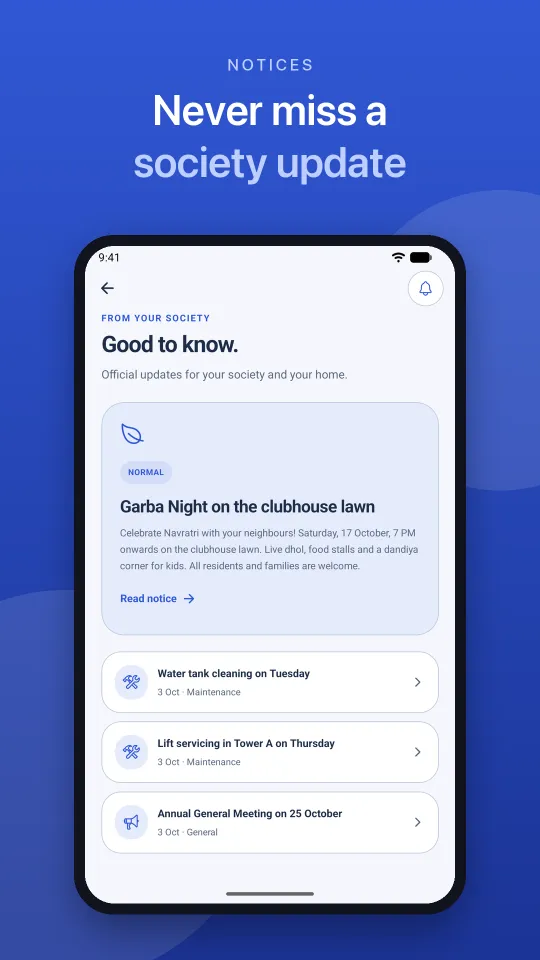Pronasoft One notices screen with a society event announcement
