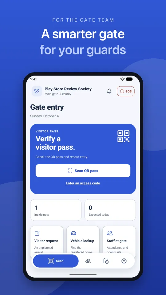 Pronasoft One security guard app screen to scan QR visitor passes, with SOS and inside-now counts