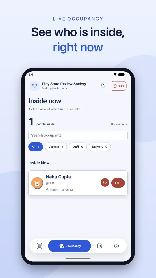 Pronasoft One inside-now screen listing visitors, staff, and deliveries currently in the society
